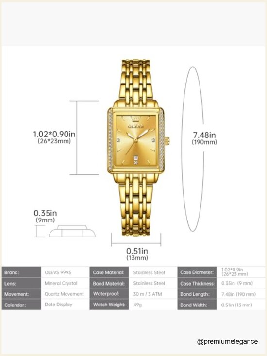 Gold Stainless Steel Watch, Square Face Diamond Decorated Ladies Dress Watch